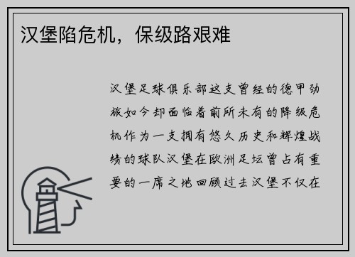 汉堡陷危机，保级路艰难